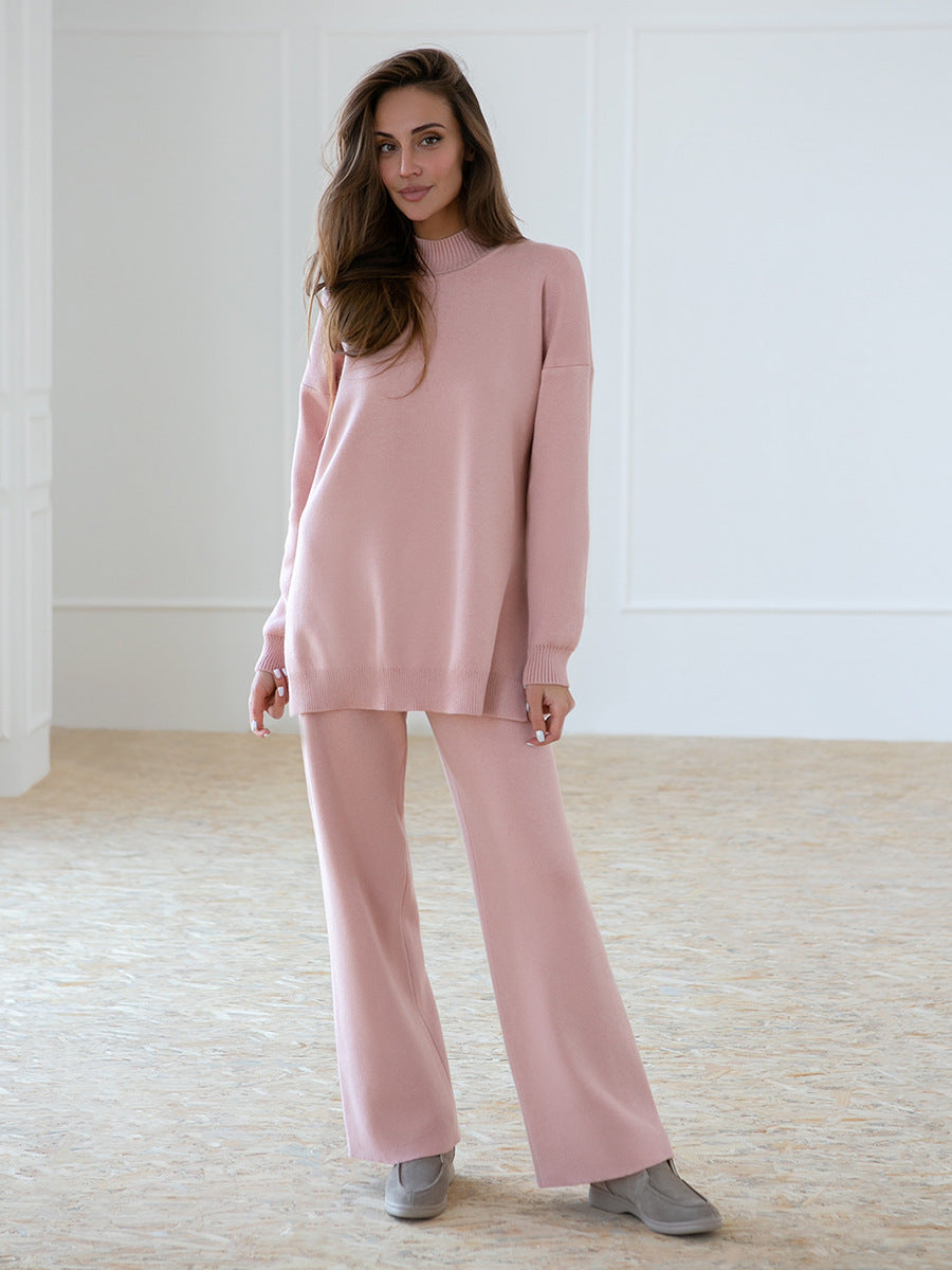 Adiffu Solid Color Knit Turtleneck Slit Sweater Set