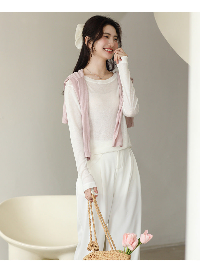 Spring and Summer Round Neck Blouse Long Sleeve T-shirt Micro-transparent Knitwear