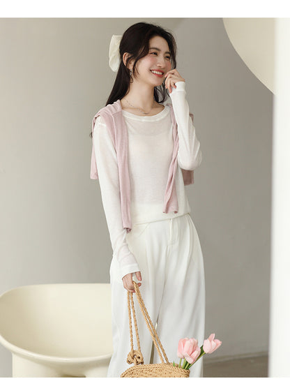 Spring and Summer Round Neck Blouse Long Sleeve T-shirt Micro-transparent Knitwear