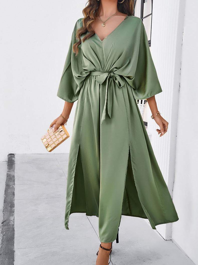 Adiffu Elegant V-Neck Loose Dress-Green