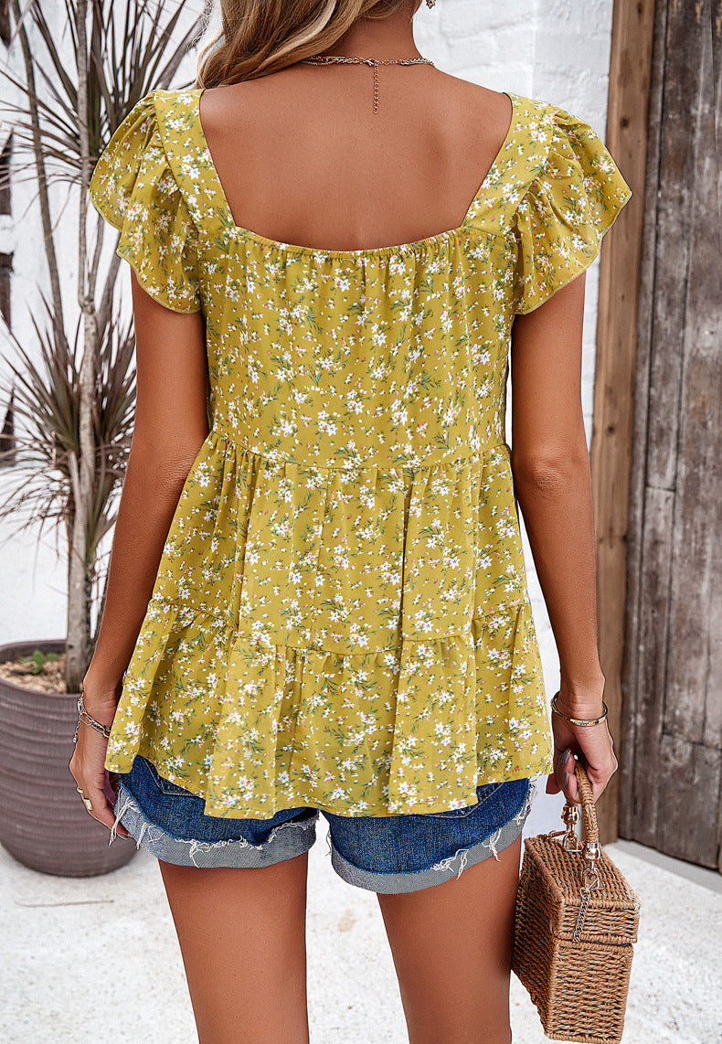 Adiffu Floral Square Collar Top