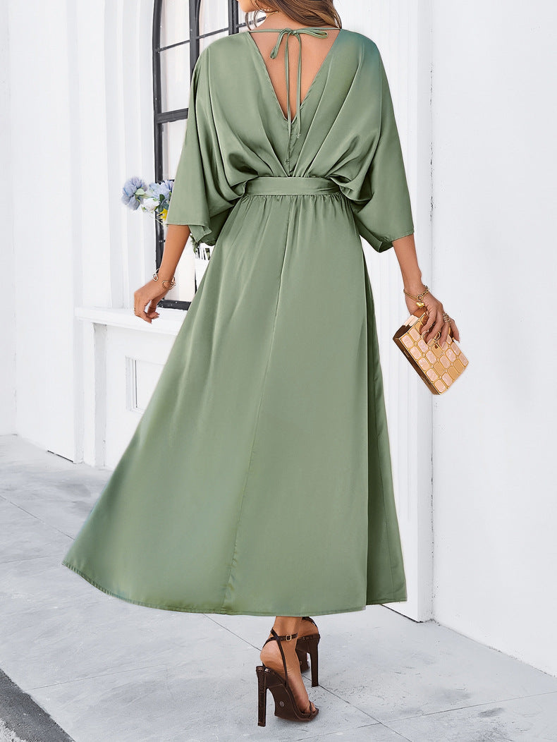 Adiffu Elegant V-Neck Loose Dress-Green