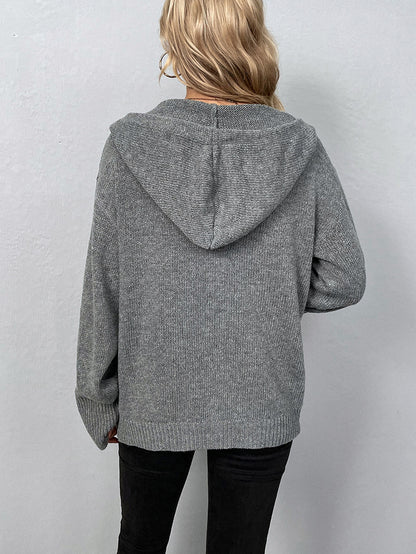 Adiffu Women's Single-breasted Solid Color Hooded Drawstring Knit Cardigan Sweater