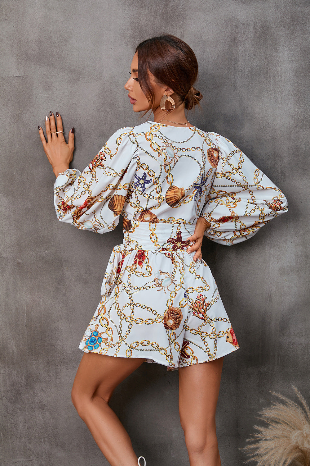 Adiffu Floral Long Sleeve Shorts V-neck Jumpsuit