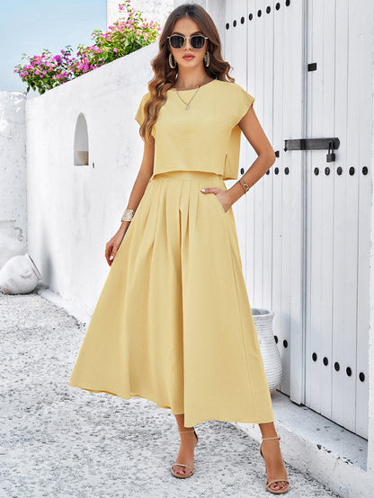 Adiffu Casual Sleeveless Top And Skirt Suit-Yellow