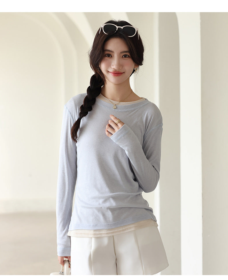 Spring and Summer Round Neck Blouse Long Sleeve T-shirt Micro-transparent Knitwear