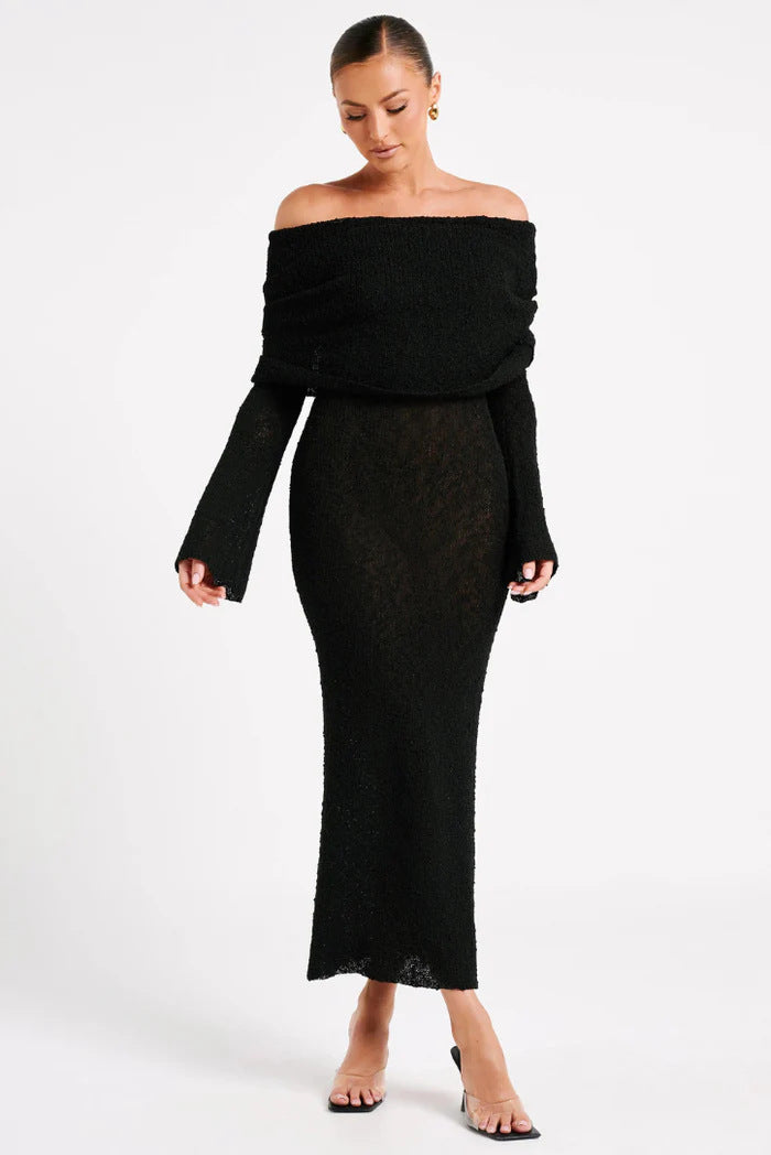 Adiffu French Long-sleeve Knitted One-shoulder Dress