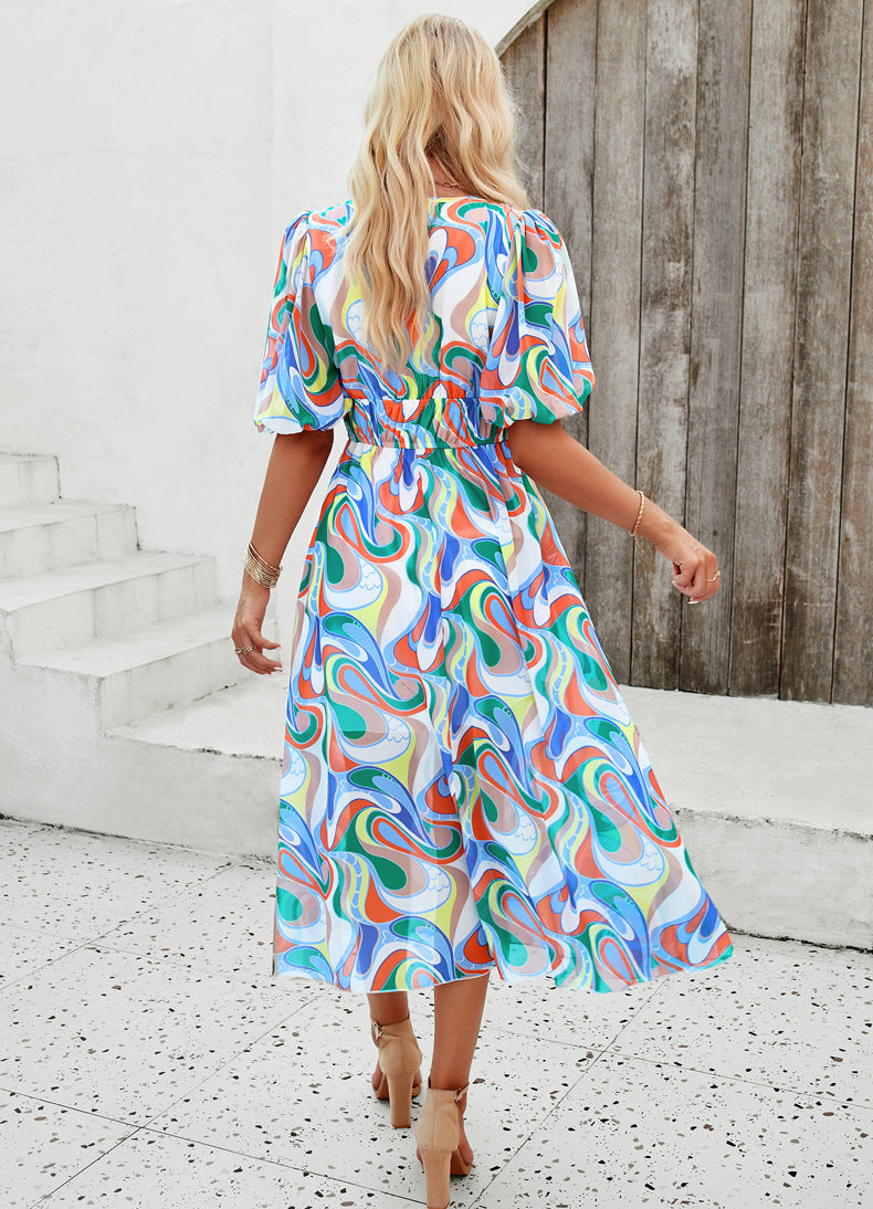 Spring/Summer Holiday Casual Print V-neck Dress