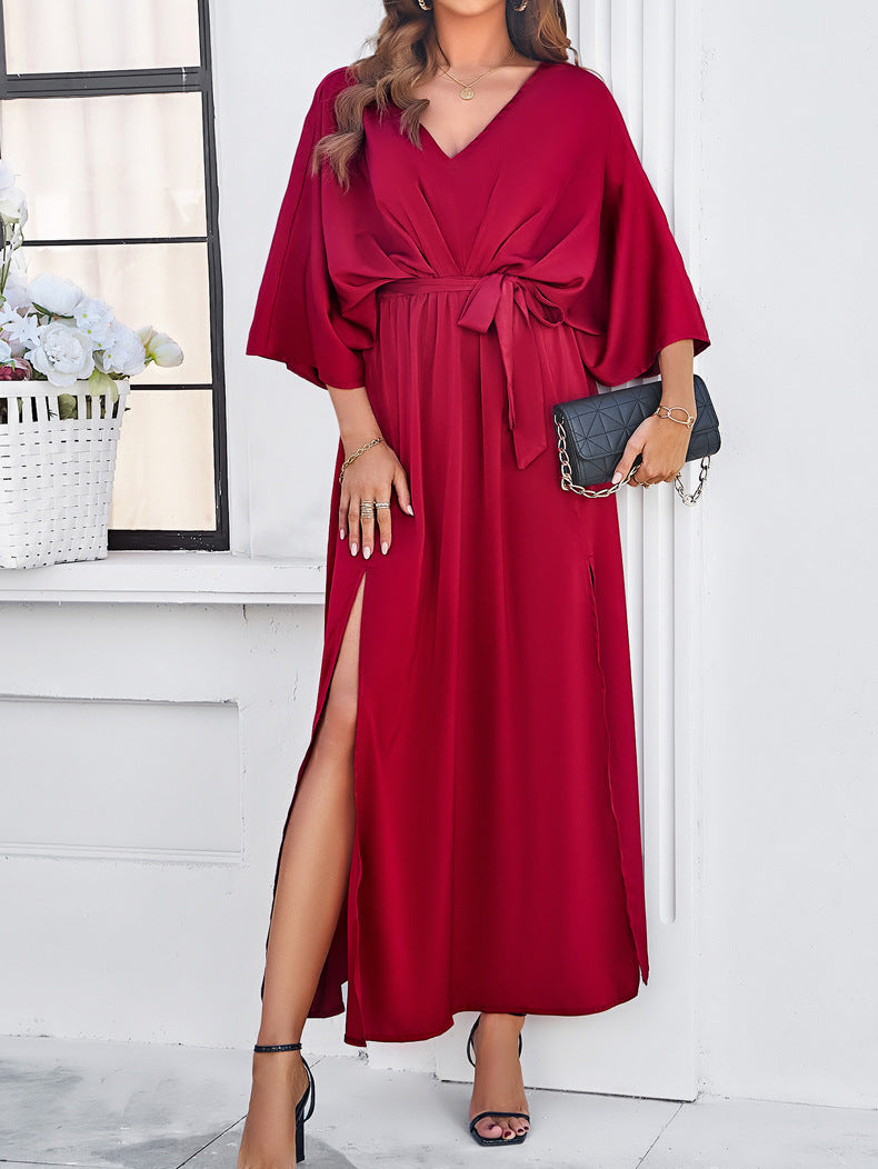 Adiffu Elegant V-Neck Loose Dress-Wine Red