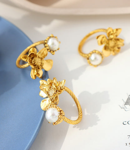 Adiffu Baroque Imitation Pearl Flower Shape Open Ring