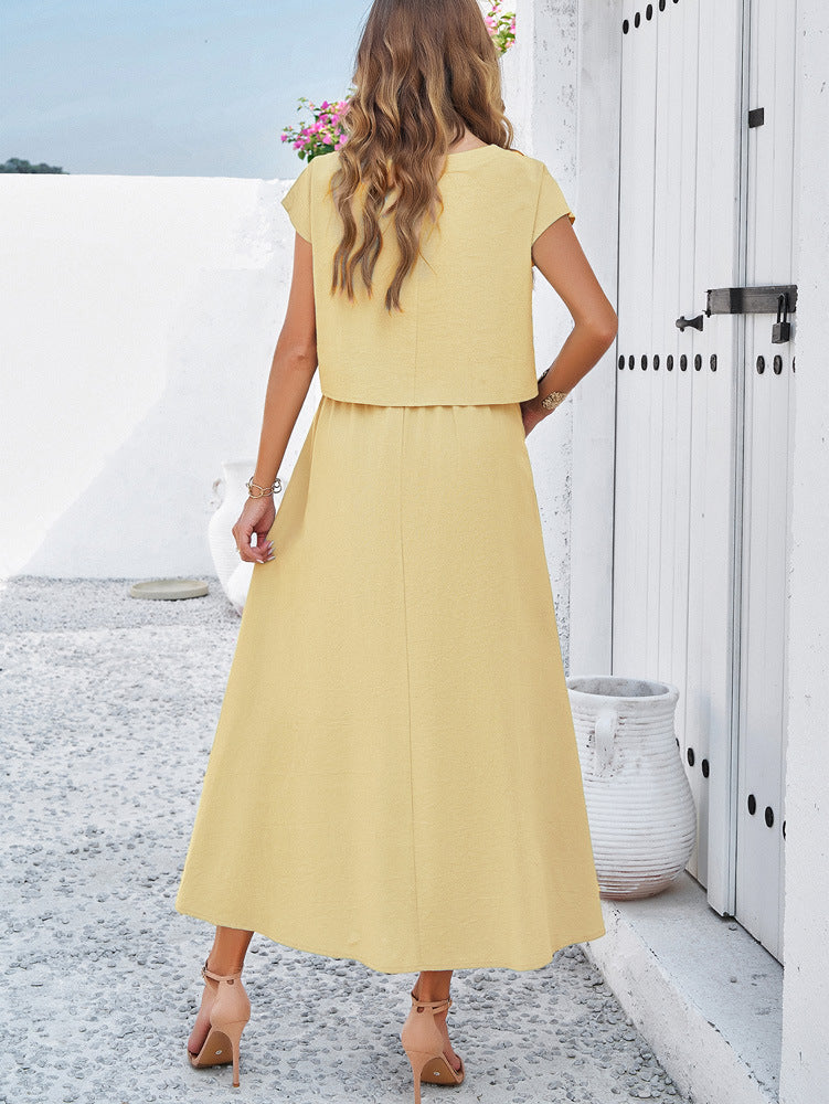 Adiffu Casual Sleeveless Top And Skirt Suit-Yellow