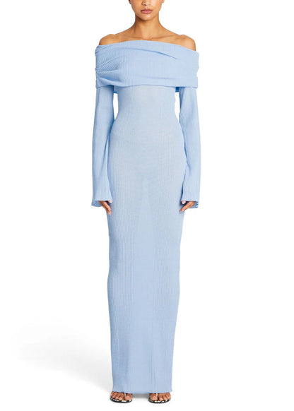 Adiffu Sexy Solid Color Long-sleeved One-shoulder Pleated Knit Dress