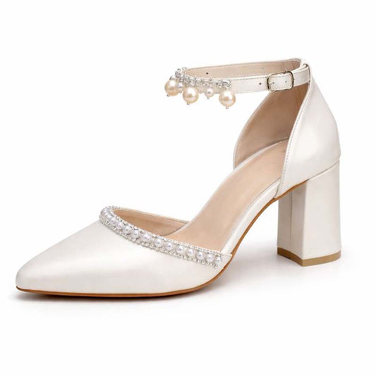 Adiffu Pointed Rhinestone Pearl Fringe Wedding Shoes