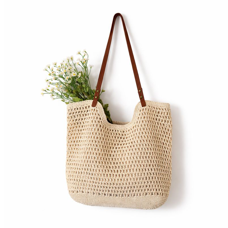 Adiffu Leisure Hollow Single Shoulder Cotton Woven Bag Portable Straw Woven Bag Seaside Holiday Beach Bag Women's Bag