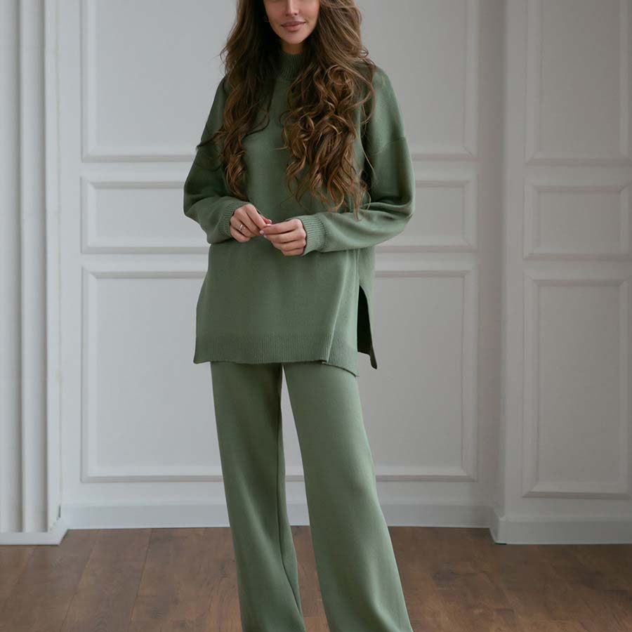 Adiffu Solid Color Knit Turtleneck Slit Sweater Set