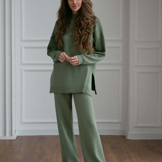 Adiffu Solid Color Knit Turtleneck Slit Sweater Set