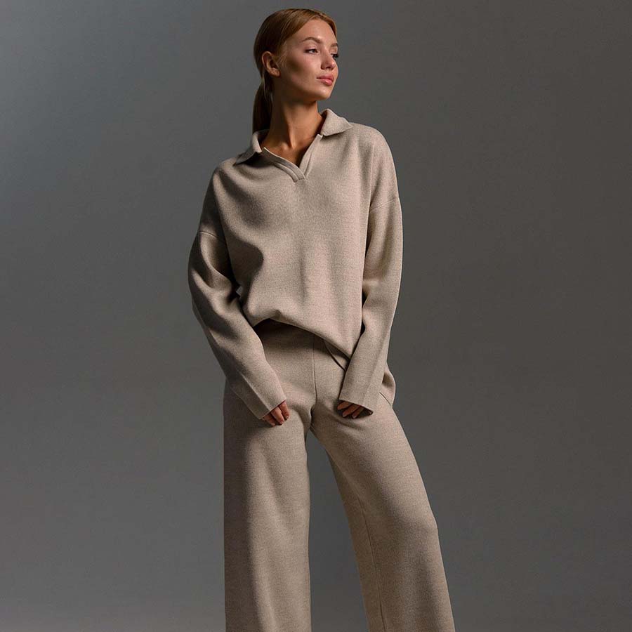 Adiffu Polo Neck Knit Pullover And Wide-leg Trousers