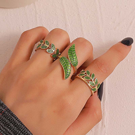 Adiffu Green Leaf Geometric Opening Ring
