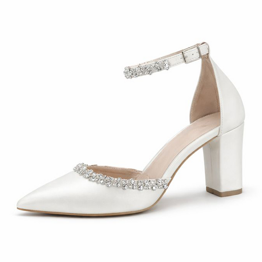 Adiffu Women's Handmade White Wedding Shoes Bridal Block Heels