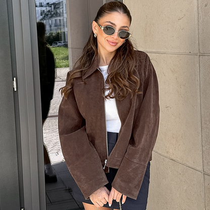 Vintage Brown Suede Lapel Relaxed Jacket