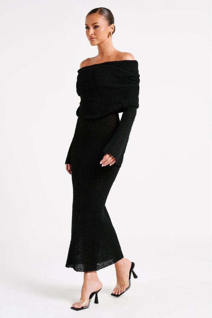Adiffu French Long-sleeve Knitted One-shoulder Dress