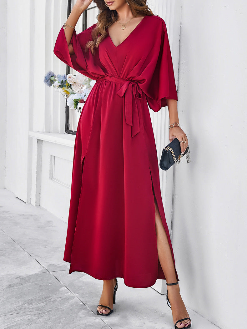 Adiffu Elegant V-Neck Loose Dress-Wine Red