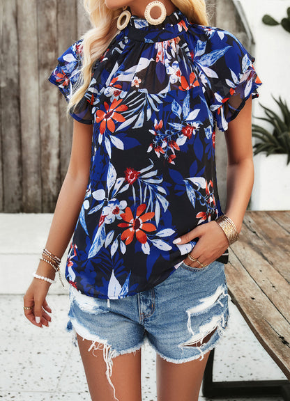 Semi-high Collar Floral Short-Sleeved Top-Black