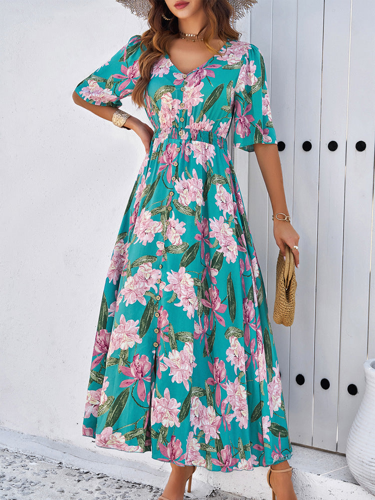 Spring/Summer Holiday Casual Print Slit Dress