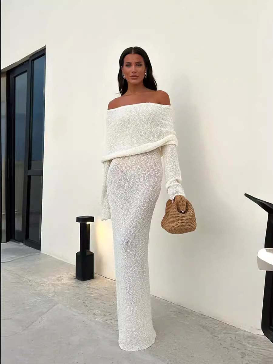 Adiffu French Long-sleeve Knitted One-shoulder Dress