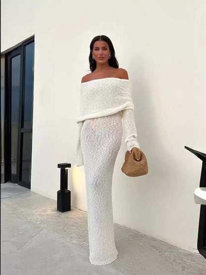 Adiffu French Long-sleeve Knitted One-shoulder Dress