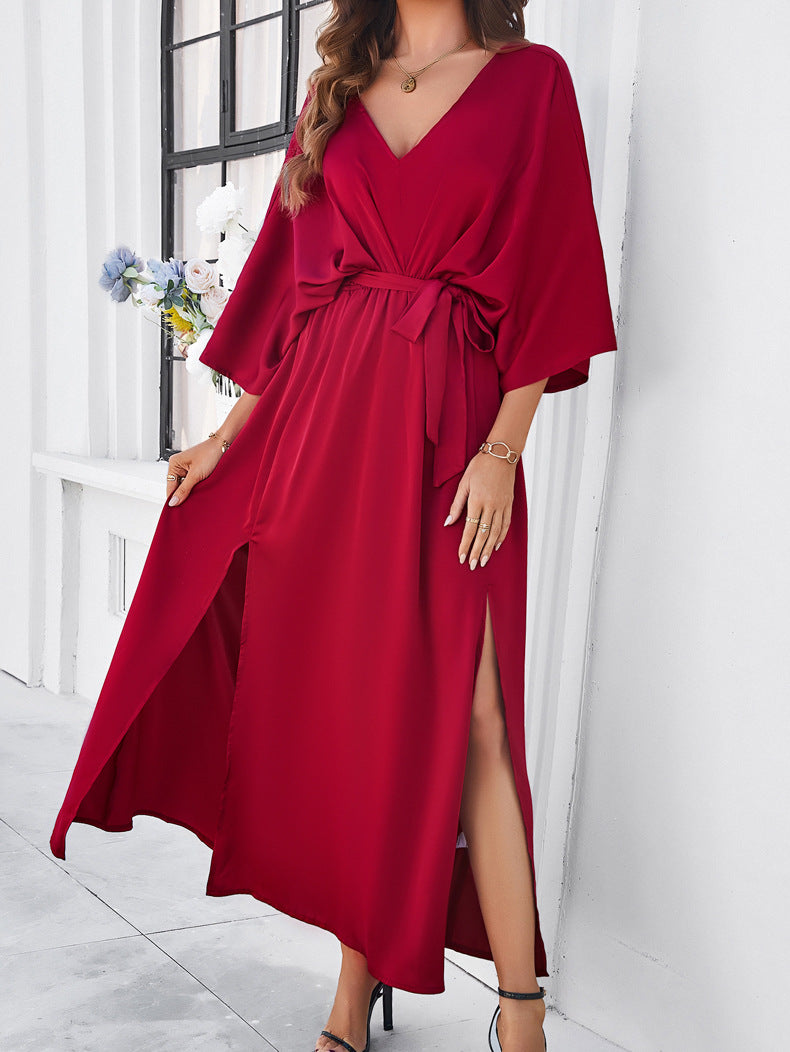 Adiffu Elegant V-Neck Loose Dress-Wine Red