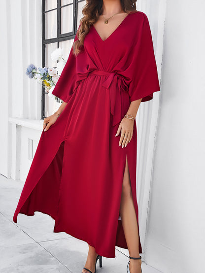 Adiffu Elegant V-Neck Loose Dress-Wine Red