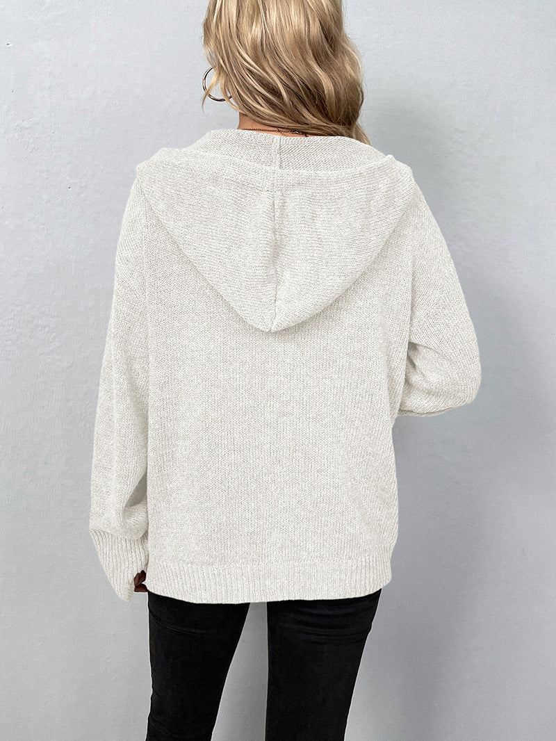 Adiffu Women's Single-breasted Solid Color Hooded Drawstring Knit Cardigan Sweater