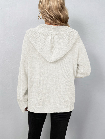 Adiffu Women's Single-breasted Solid Color Hooded Drawstring Knit Cardigan Sweater