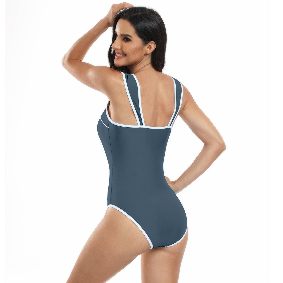 Adiffu Stylish Sexy Solid Color Sleeveless One-piece Swimsuit-Dusty Blue