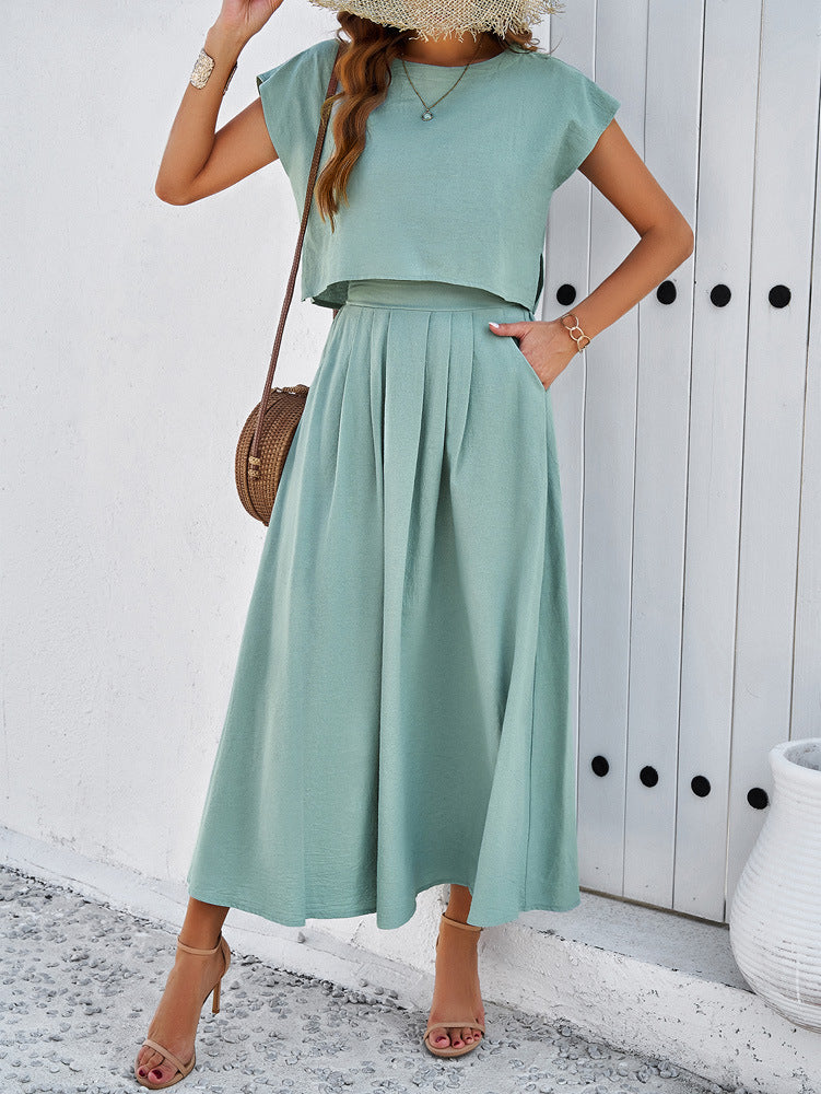 Adiffu Casual Sleeveless Top And Skirt Suit-Greyish-green
