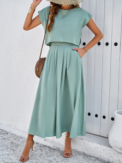 Adiffu Casual Sleeveless Top And Skirt Suit-Greyish-green