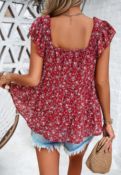 Adiffu Floral Square Collar Top