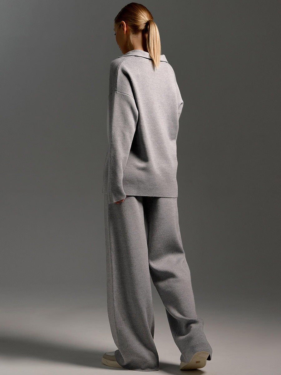 Adiffu Polo Neck Knit Pullover And Wide-leg Trousers