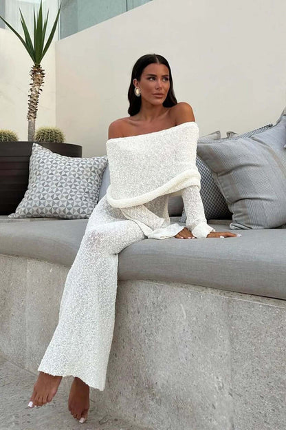 Adiffu French Long-sleeve Knitted One-shoulder Dress