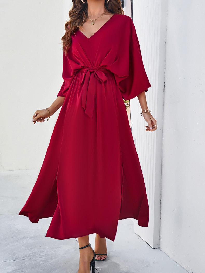 Adiffu Elegant V-Neck Loose Dress-Wine Red