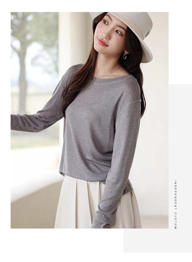 Spring and Summer Round Neck Blouse Long Sleeve T-shirt Micro-transparent Knitwear