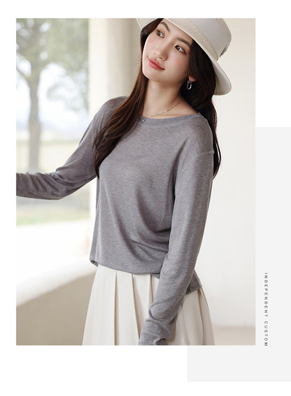 Spring and Summer Round Neck Blouse Long Sleeve T-shirt Micro-transparent Knitwear