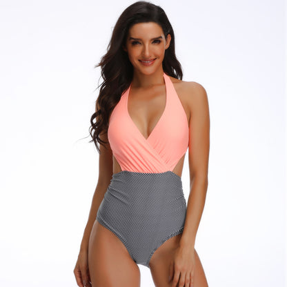 Adiffu High Stretch One-piece Swimsuit-Orange And Black Stripes
