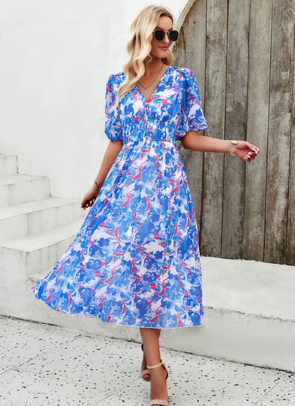 Spring/Summer Holiday Casual Print V-neck Dress