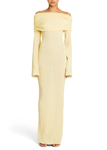 Adiffu Sexy Solid Color Long-sleeved One-shoulder Pleated Knit Dress