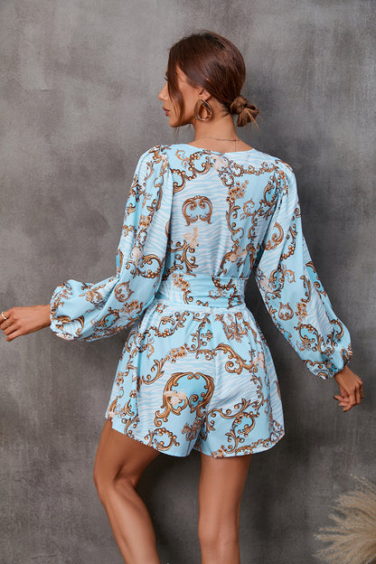 Adiffu Floral Long Sleeve Shorts V-neck Jumpsuit
