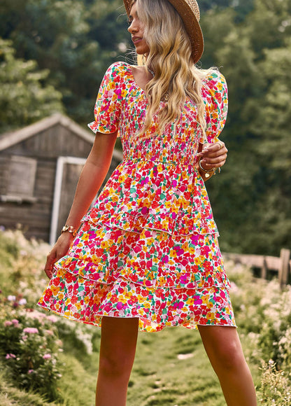 Adiffu Floral Short Sleeve Cake Dress