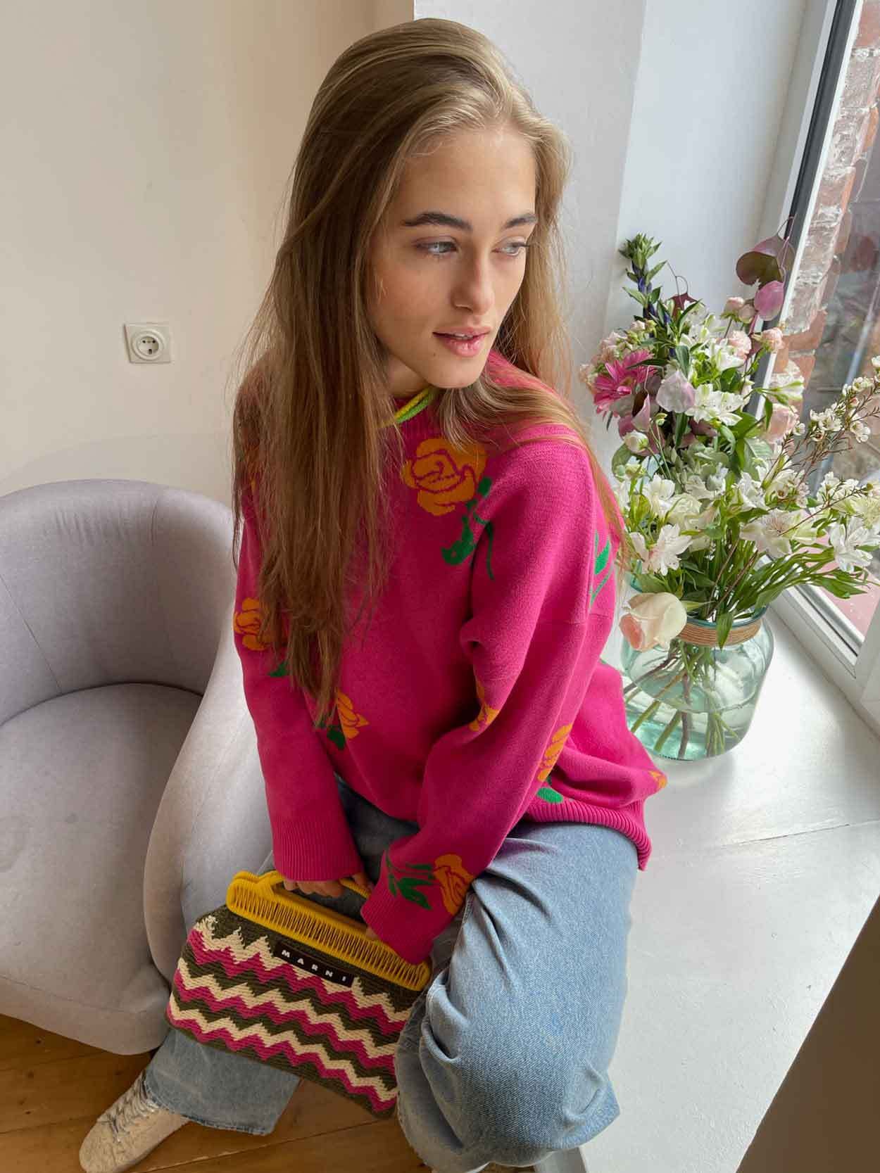 Adiffu Loose Colored Rose Crew-neck Sweater