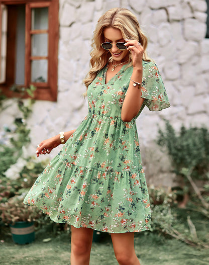 Stylish V-neck Floral Skirt